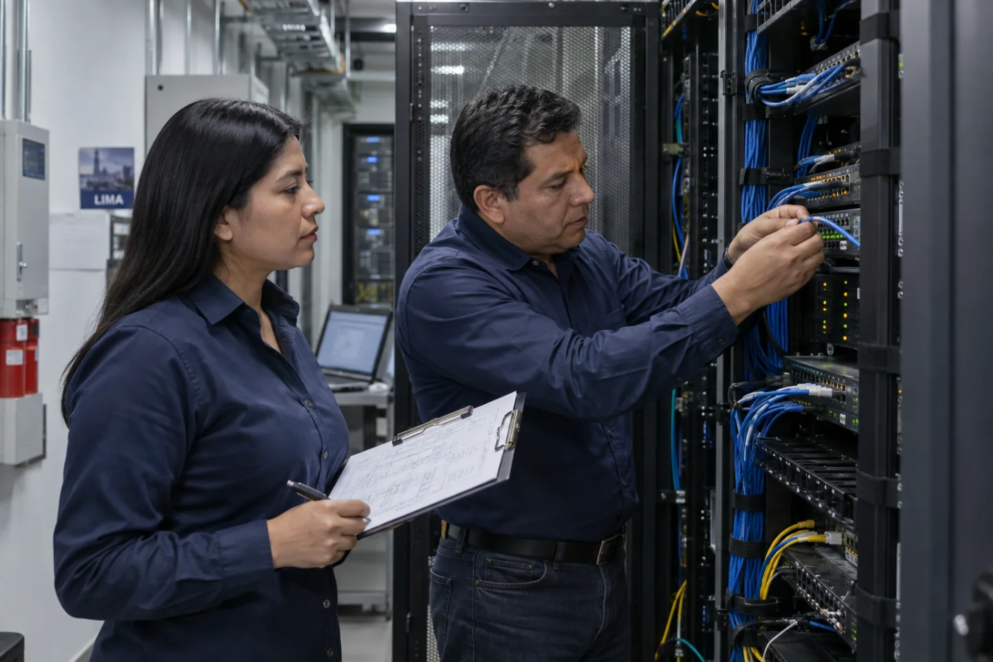 Escena generada de dos profesionales peruanos revisando conexiones y equipos en un centro de datos.