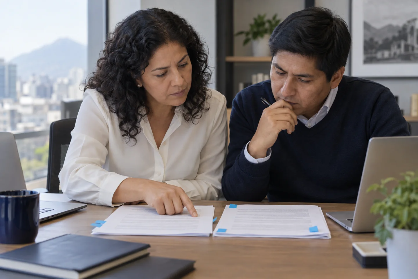 Escena generada de profesionales peruanos comparando documentos y revisando diferencias antes de su aprobación.
