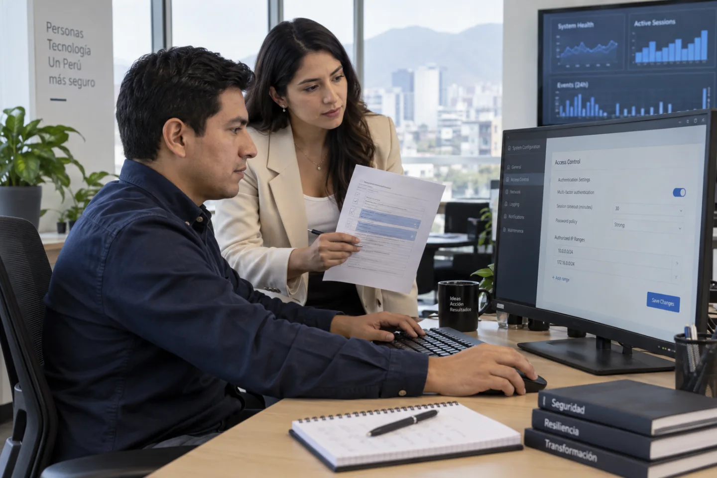 Escena generada de un equipo peruano priorizando correcciones de seguridad y revisando su implementación.
