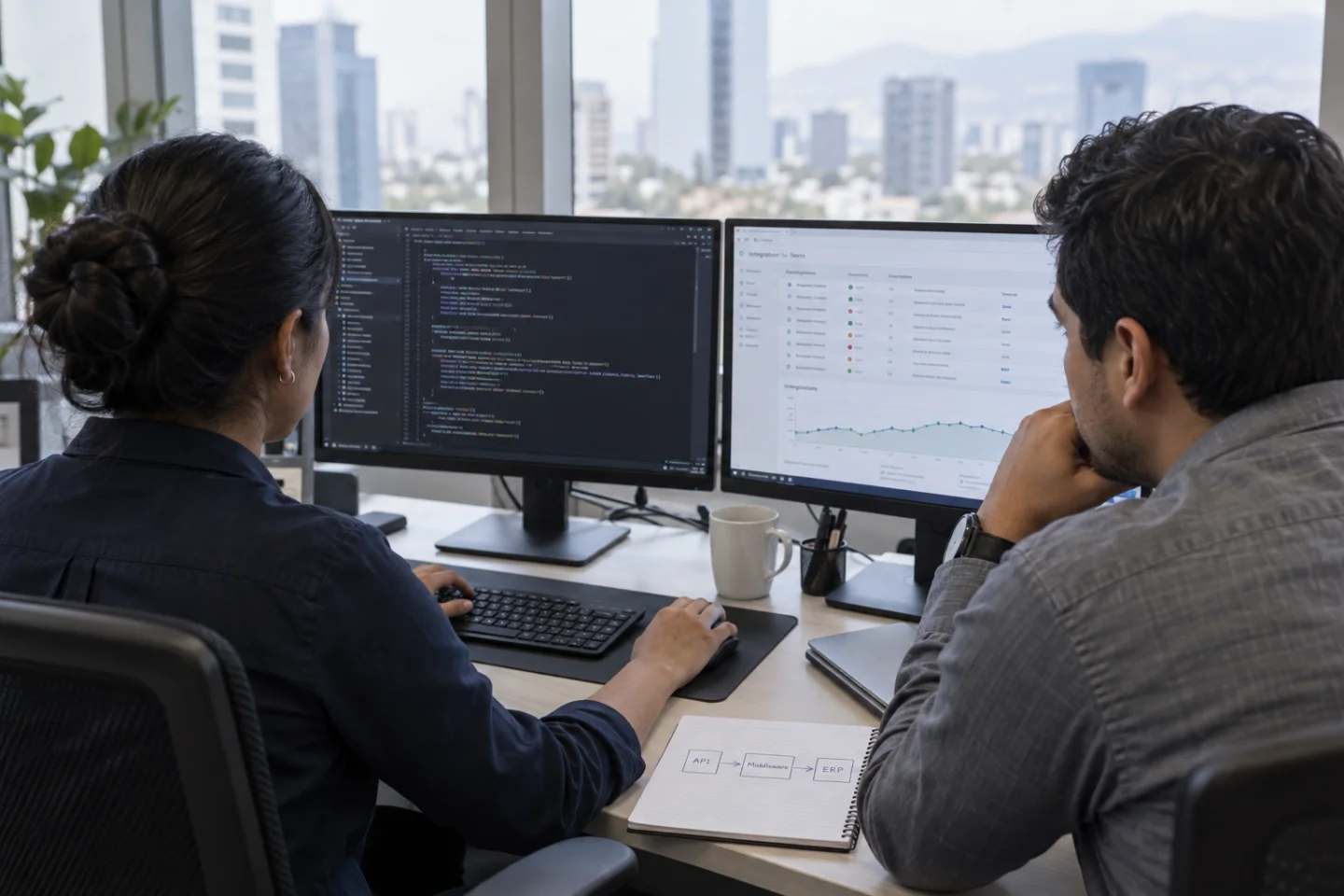 Escena generada de especialistas peruanos desarrollando y probando una integración de IA con sistemas empresariales.